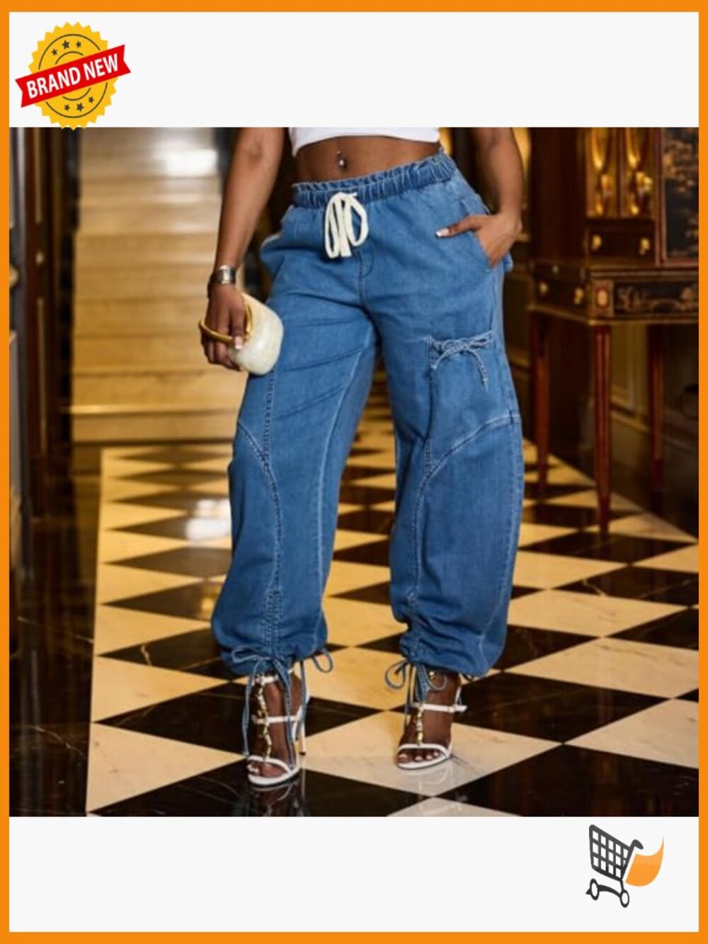 Plus Size Wide Leg Baggy Jeans Elastic Waist Denim Pants with Pockets - Picture 2 of 7